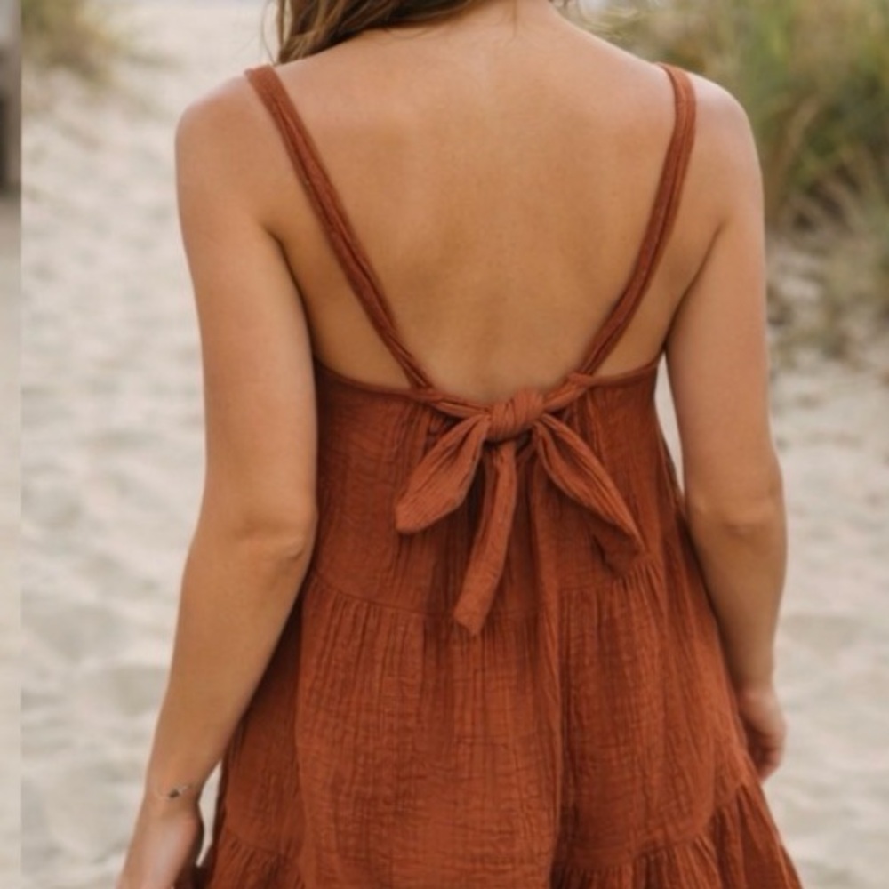 AEMI + CO Rust Cotton Gauze Tie Back Mini Dress Small Boho - Picture 7 of 9